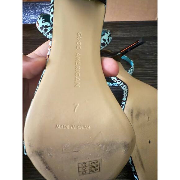 NWOT GOOD AMERICAN Blue Leather Candy Leopard Sandals Sz. 7 - Picture 4 of 9